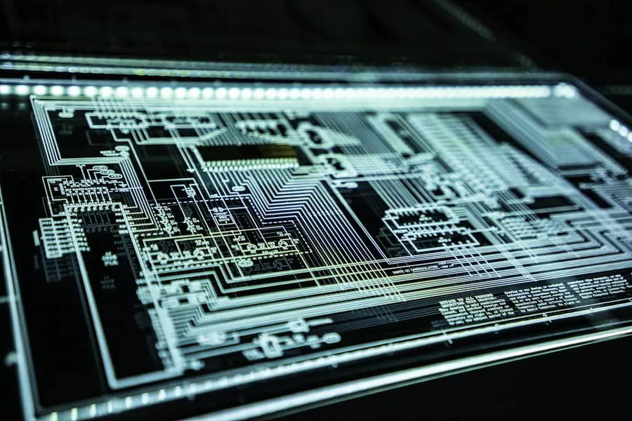 Illuminated circuit board representing network and firewall security
